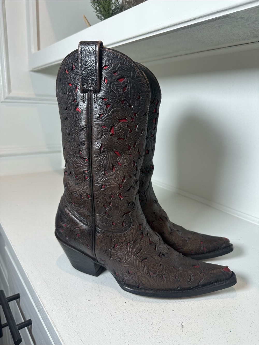 Stetson Cowboy Boots Womens 6.5 Brown Leather Red Underlay Handmade Mexico - Picture 5 of 9